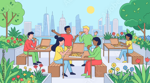 Happy Diverse Friends Enjoying a Pizza Party on a City Rooftop