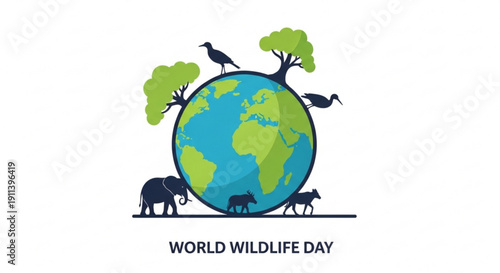 World wildlife day illustration with globe animals and trees on white background