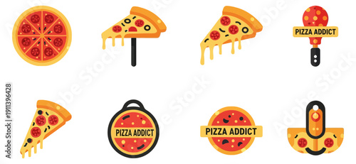 Pizza Lover and Addict Icon Set. Vector Illustrations of Pepperoni Pizza Slices.