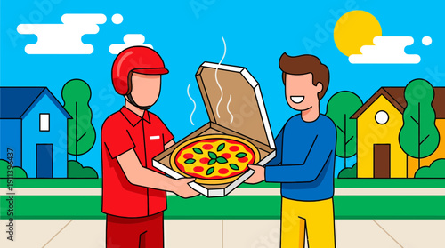 Pizza delivery service courier giving hot pizza to a happy customer outdoors.