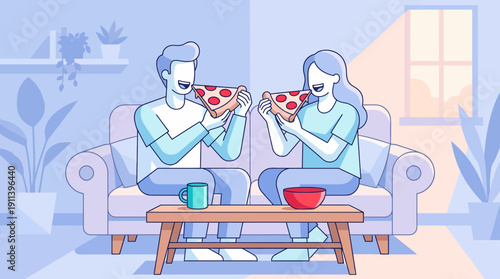 Pizza Lover: Happy couple eating pizza on the sofa at home. Modern vector illustration.