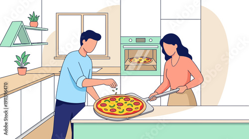 Pizza Lover Couple Cooking Homemade Italian Food in a Modern Kitchen