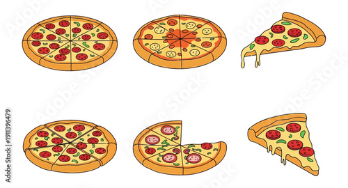 Pizza lover's set of cartoon pepperoni pizza illustrations. Whole pies and slices.