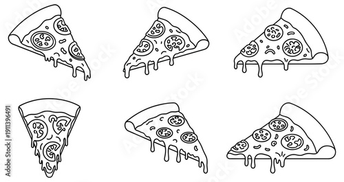 Pizza slice line art set. Hand-drawn pepperoni pizza collection with melting cheese.