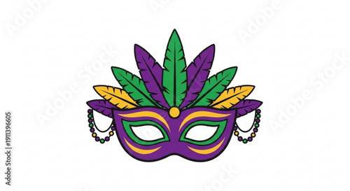 Vibrant mardi gras mask with colorful feathers and chains on a white background for festive celebrations