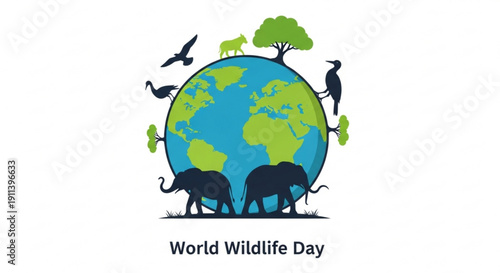 World wildlife day illustration with globe animals and trees for conservation awareness campaigns
