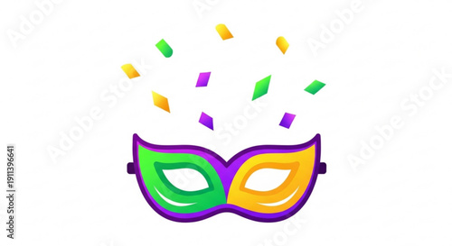 Vibrant mardi gras mask with purple outline and colorful confetti on white background for festive celebrations