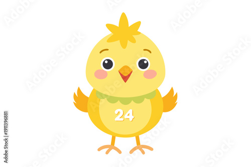 A cute cartoon chick with a green collar and the number 24 on its belly
