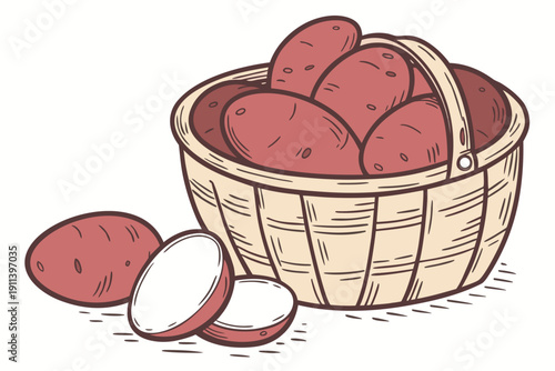 A vector illustration of a wicker basket filled with red potatoes and some sliced potatoes on the side