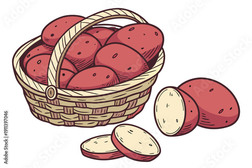 A vector illustration of a wicker basket filled with red potatoes and some sliced potatoes on a white background