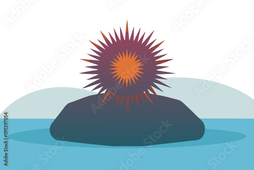 A vibrant vector graphic illustration of a sun rising over a rock in the ocean