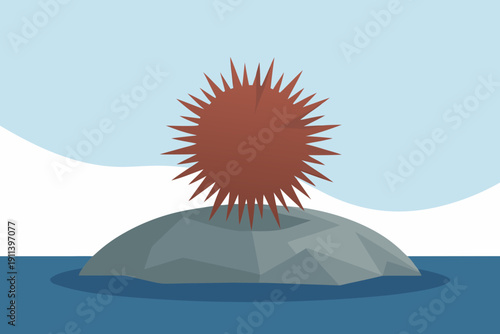 A vector graphic illustration of a red sun rising over a geometric iceberg in the ocean