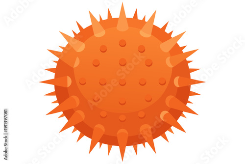 A vibrant orange virus cell illustration with spikes and bumps on a white background