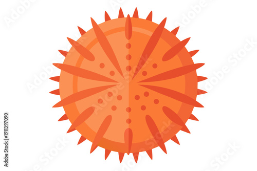 A vibrant orange virus cell illustration with spiky protrusions and a detailed design