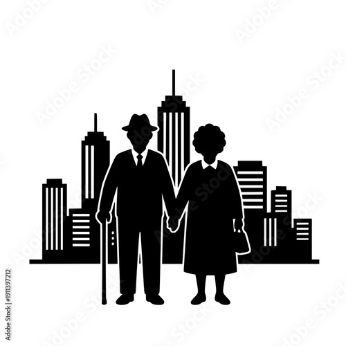 Senior Grandparents Walking Silhouette with Modern Cityscape Vector