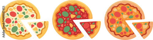Italian pizza set with pepperoni and vegetable toppings, sliced fast food snacks for menu design vector illustration