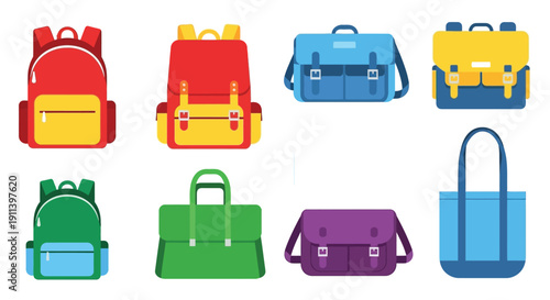 Illustration of colorful school bags and backpacks in a flat design style