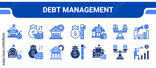 Debt Management Icon Collection,  featuring Debt, Interest, Monetary, Inflation, Finance, Stability, Forecast.