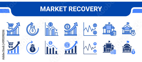 Market Recovery Icon Collection,  featuring Market, Recovery, Downturn, Growth, Volatility, Finance, Spending.