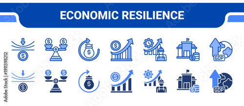 Economic Resilience Icon Collection,  featuring Resilience, Stability, Recovery, Growth, Productivity, Finance, GDP.