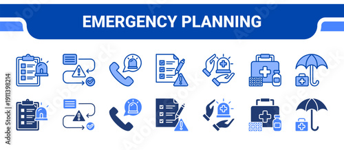 Emergency Planning Icon Collection,  featuring Emergency plan, Procedure, Emergency response, Preparedness, Services, Support, Relief.
