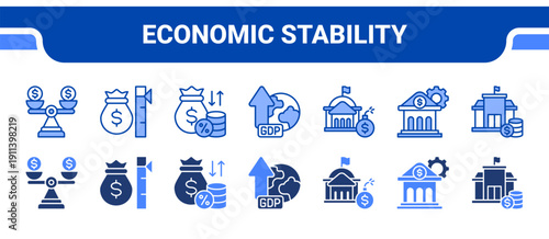 Economic Stability Icon Collection,  featuring Stability, Inflation, Interest, GDP, Debt, Monetary, Finance.