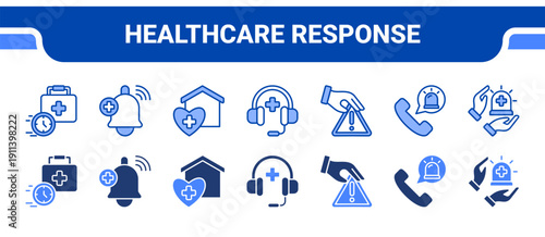 Healthcare Response Icon Collection,  featuring Medical, Medical alert, Urgent care, Assistance, Intervention, Emergency response, Services.