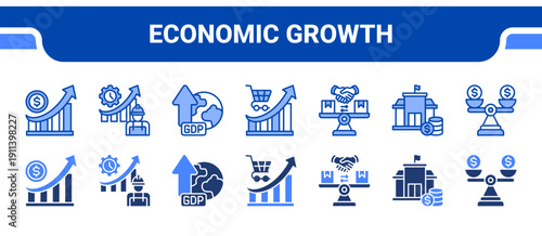 Economic Growth Icon Collection,  featuring Growth, Productivity, GDP, Market, Trade, Finance, Stability.