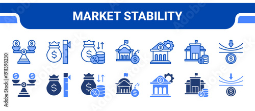 Market Stability Icon Collection,  featuring Stability, Inflation, Interest, Debt, Monetary, Finance, Resilience.