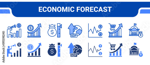 Economic Forecast Icon Collection,  featuring Forecast, Growth, Inflation, GDP, Volatility, Market, Spending.