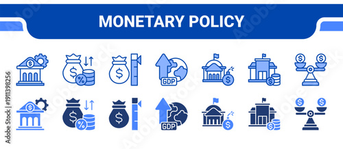 Monetary Policy Icon Collection,  featuring Monetary, Interest, Inflation, GDP, Debt, Finance, Stability.