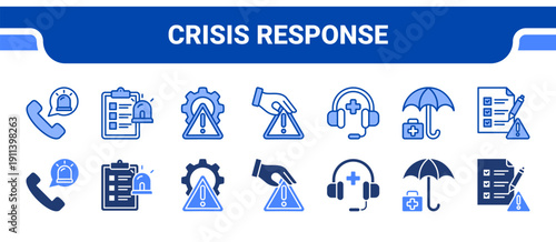 Crisis Response Icon Collection,  featuring Emergency response, Emergency plan, Crisis management, Intervention, Assistance, Relief, Preparedness.