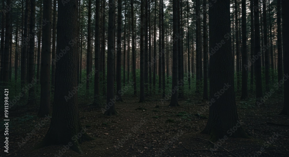 Fototapeta premium Dark, dense forest interior with towering, vertical tree trunks. Sunlight filters through the canopy