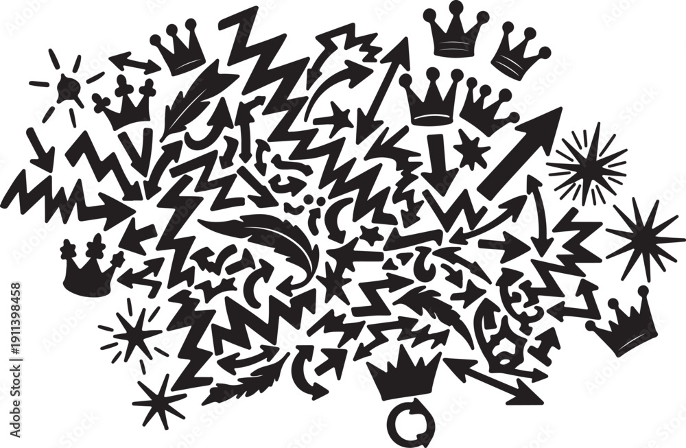 Obraz premium Crown and Star Silhouettes in Chaotic Arrangement with Dramatic Contrast in Black and White Vector Illustration for Luxury Branding
