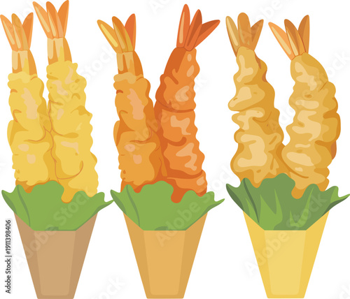Japanese shrimp tempura set with crispy fried prawns in paper cones, delicious asian seafood snack vector illustration
