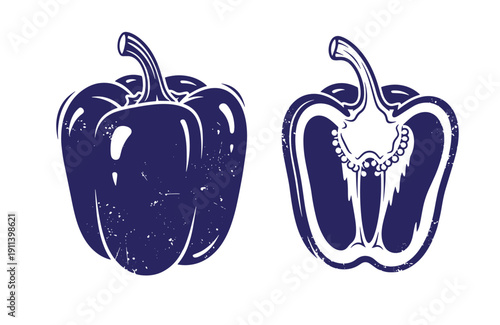 Grunge texture blue illustration of whole and half bell pepper on white background  vegetables Vintage Style