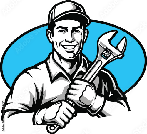 Smiling mechanic holding an adjustable wrench poses confidently inside a blue oval frame for a professional service logo.