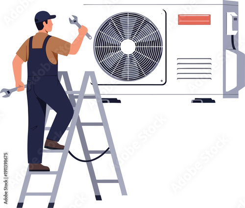 A service technician wearing blue overalls stands securely on a metal ladder while performing maintenance on an exterior air.