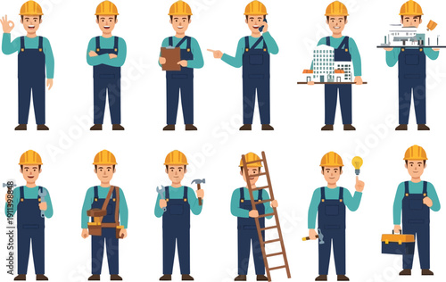 Construction workers and builders collection display various poses and tools for repair and maintenance services.