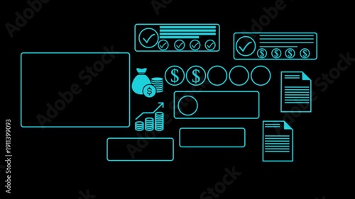 Animation diverse group of professionals collaborating on identify planning with surrounded by digital financial icons and documents, emphasizing teamwork. animation on the dark background.4k video.