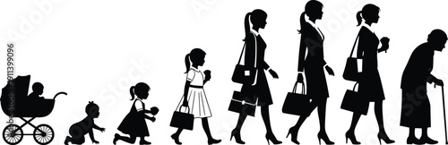 Fényképezés Evolution of a woman's life cycle from infancy to old age, featuring silhouettes of baby, child, student, professional, and senior