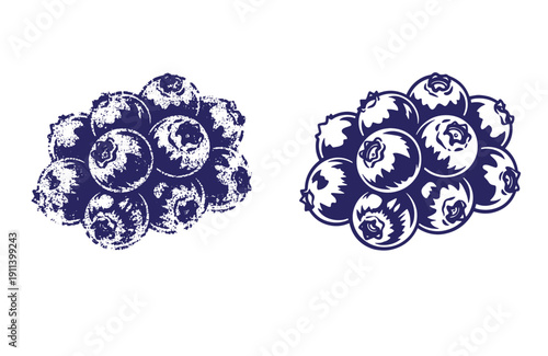 Grunge texture Blueberry illustration with two clusters of blueberries in a vintage style on white background  blueberries are depicted in a distressed texture Vintage Style