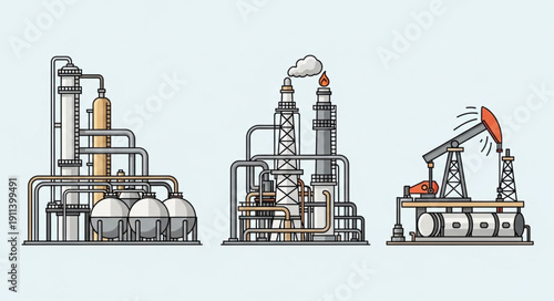 Industrial factory complex with oil pump jack illustration.