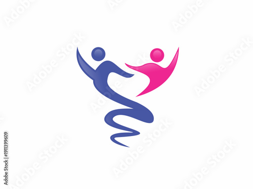 Abstract logo illustration featuring two stylized human figures in blue and pink forming a dynamic dancing motion.