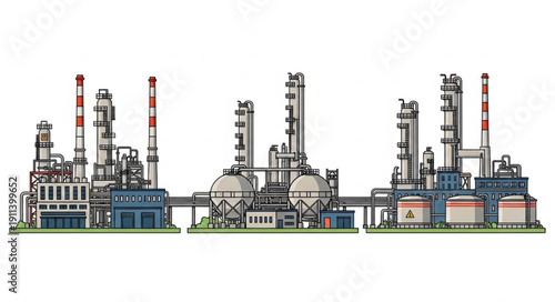 Industrial oil refinery complex with multiple towers and pipelines.