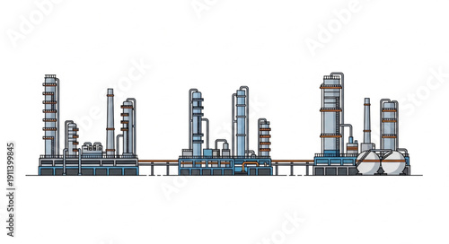 Industrial Oil Refinery Complex with Tall Towers and Pipelines.