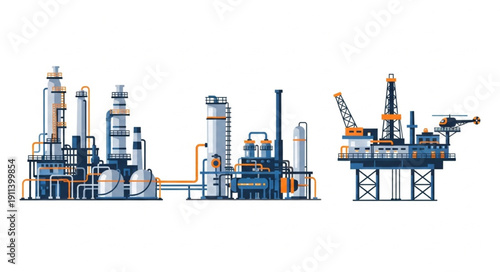 Industrial oil and gas refinery complex with offshore drilling platform.