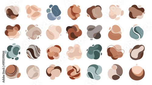 Large grid of soft organic abstract shapes and blobs in a muted earth-tone color palette, perfect for modern graphic design elements.