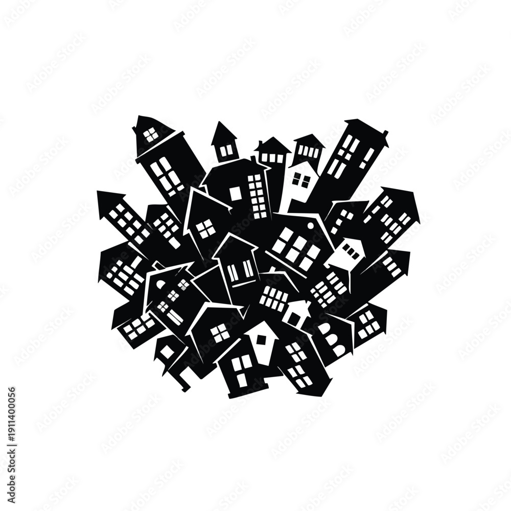 Fototapeta premium Abstract Cluster of Black and White Houses Illustration.