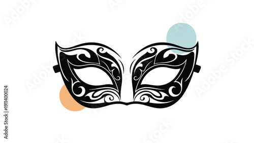 Decorative black masquerade mask with ornate swirls and patterns accompanied by soft blue and orange abstract circles in the background.